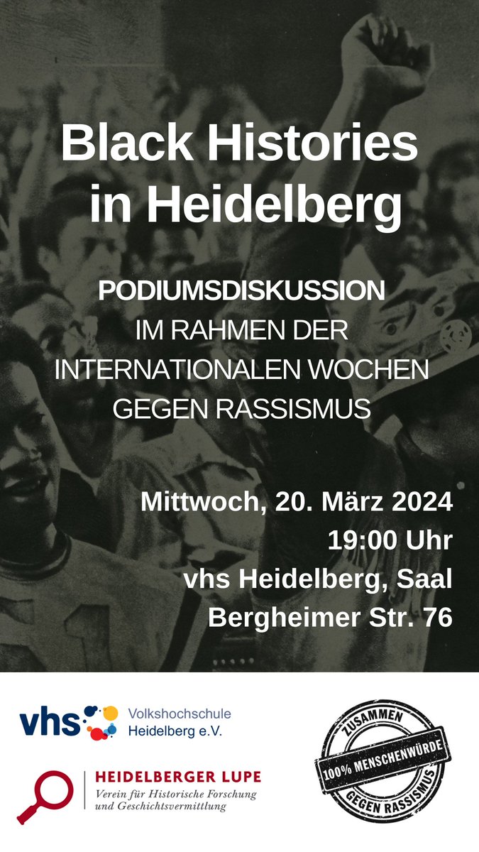 🔜Am 20.03., findet um 19h eine Podiumsdiskussion zum Thema "Black Histories in Heidelberg" statt. Zu Gast sind Leonie Baumgarten-Egemole (Migration Hub Heidelberg), Uwe Wenzel (Mark Twain Center) &amp; Darnell Summers (Zeitzeuge). Mehr Infos ➡️vhs-hd.de/programm/somme… /mw