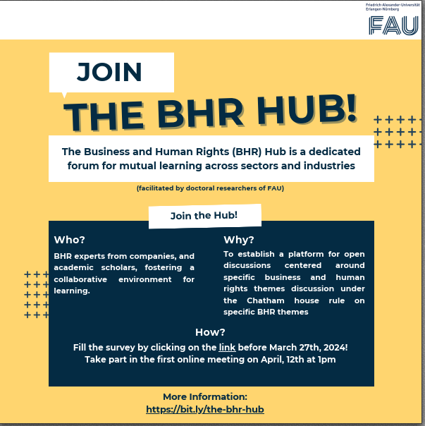 🚀 Exciting News! Introducing the BHR Hub - a forum for mutual learning and engagement across sectors and industries. Join us in shaping the future of Business and Human Rights! 🌐💼

Fill out the survey by March 27th: bit.ly/3InLAp2

#Bizhumanrights #BHRHub