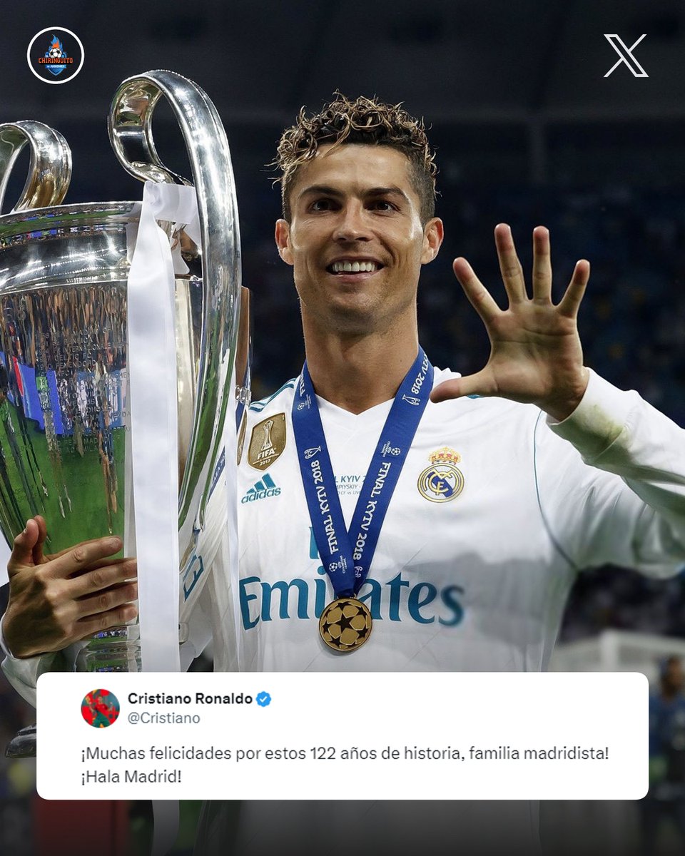 elchiringuitotv's tweet photo. 🎂 CRISTIANO RONALDO se acuerda del MADRID en su 122 aniversario.

🤍 "¡Hala Madrid". https://t.co/o5QJ2Ap6Ie