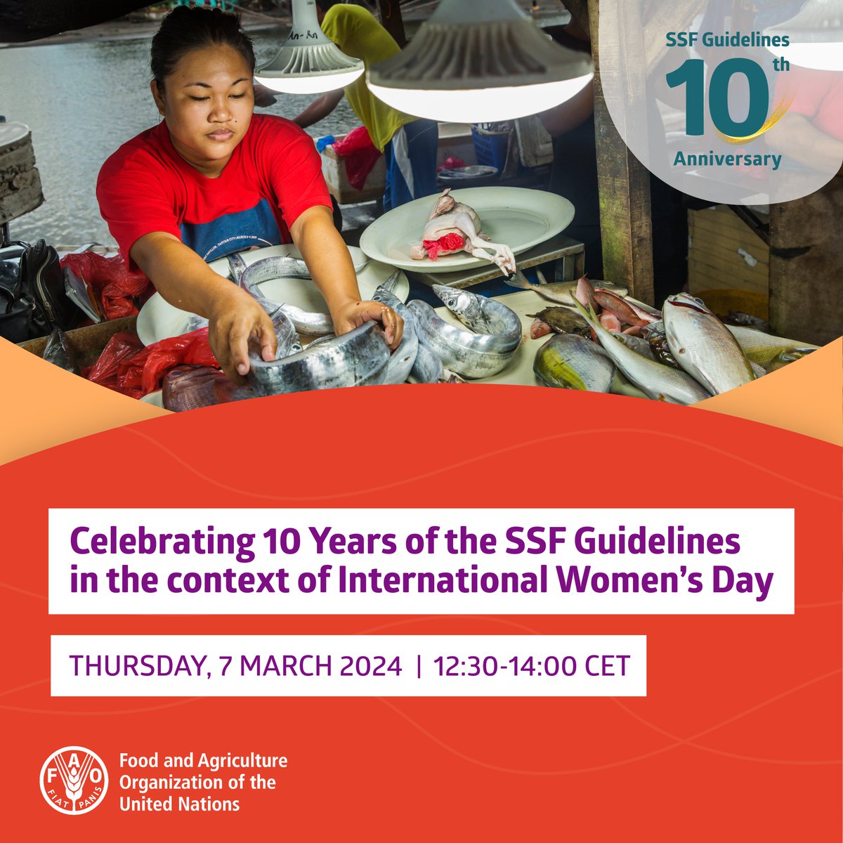 📢 Join us tomorrow, 7 March, for a special event exploring🔟 years of #SSFGuidlines and their efforts to advance #GenderEquality in #fisheries and #aquaculture around the world. Register now 👉 bit.ly/3wJbFwl Let's #InvestInWomen to accelerate progress. #IWD2024