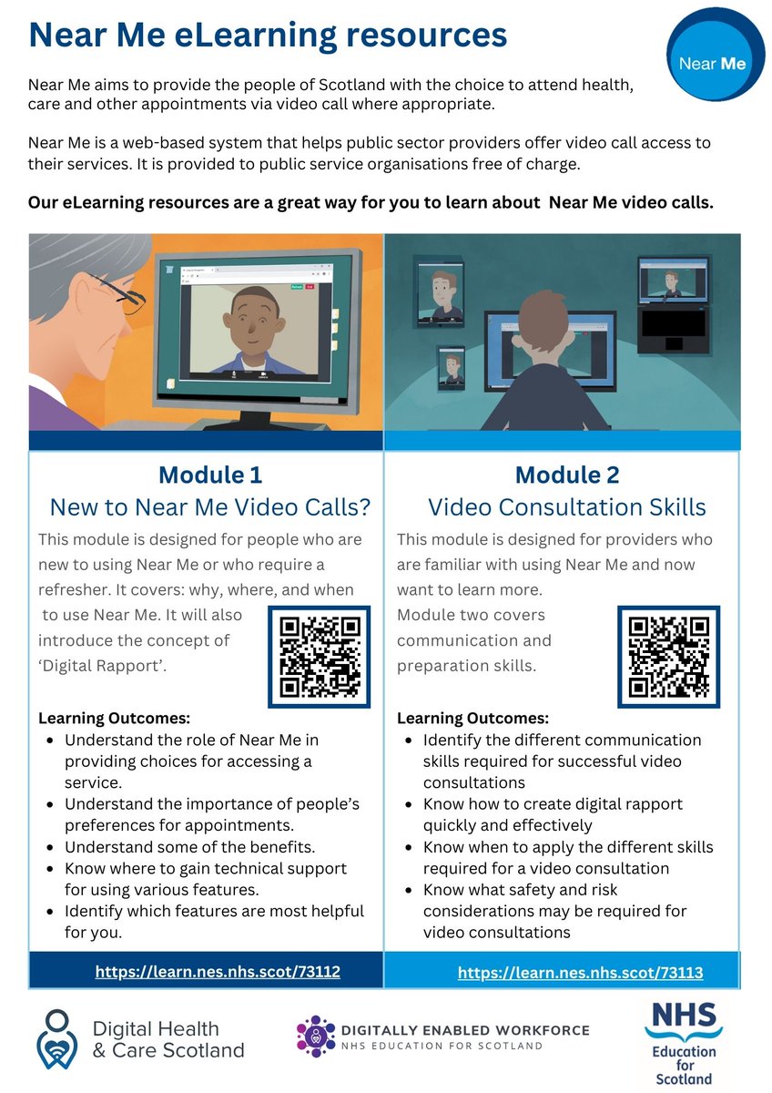 ➡️Near Me E-Learning Modules⬅️ The eLearning resources are a great way for organisations / individuals to learn more about Near Me video calls. 🔵Module 1: New to Near Me Video Calls 🔵Module 2: Near Me: Video Consultation Skills 🔗learn.nes.nhs.scot/46784