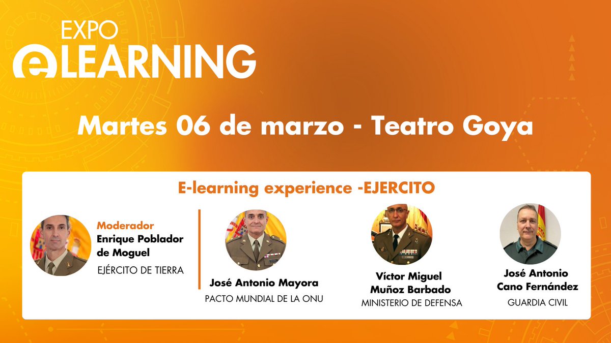 📣 Cuál es el impacto del e-learning en el Ministerio de Defensa, el Ejército de Tierra y la Guardia Civil? Únete a una charla interesante a las 12:15.

#EXPOELEARNING24