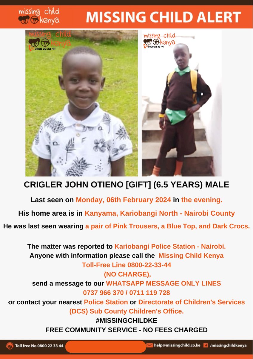 MISSING CHILD ALERT –KANYAMA - KARIOBANGI -   NAIROBI COUNTY. Crigler John Otieno Gift  (6 yrs)  was last seen on 06/02/2024. Please share alert to help reunite him with family. Thanks. #MISSINGCHILDKE
@MTotoNews

<a href="/SokoAnalyst/">SokoAnalyst</a>

<a href="/KenyanTraffic/">KenyanTraffic</a>

<a href="/Tuko_co_ke/">TUKO.co.ke | The Heartbeat of Kenya</a>
