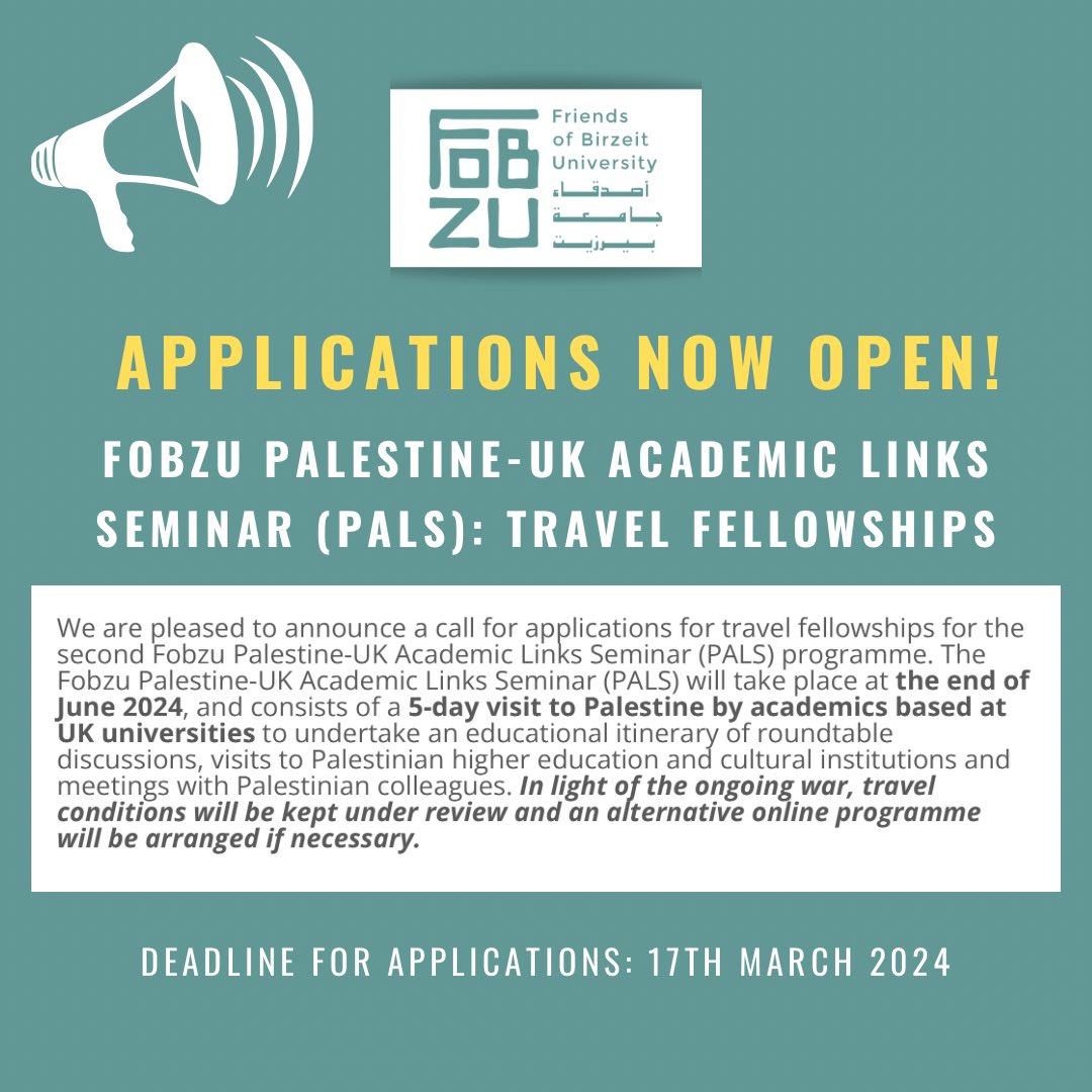 📣 Applications open! We are pleased to announce a call for applications for travel fellowships for the second Fobzu Palestine-UK Academic Links Seminar (PALS) programme, taking place in June 2024. Click here to apply: docs.google.com/document/d/1XI… Deadline to apply: 17th March 2024