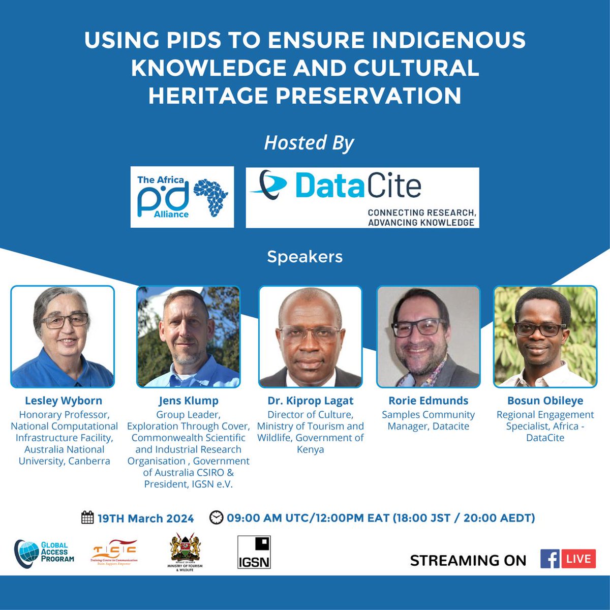 📣#Webinar #Invitation by @Datacite and @AfricaPid #MeetTheSpeakers from @PsHeritage & @igsn_info How do we use #PIDs to preserve African cultural heritage and indigenous knowledge? 🔷Register here to find out us02web.zoom.us/meeting/regist…