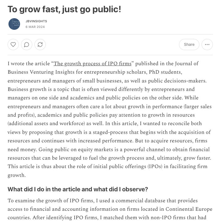 Latest on JBVI Substack: To grow fast, just go public! In this primer for practitioner, author Vivien Lefebvre from @EMStrasbourgBS discusses the bright side of going public and the implications of #IPOs on firm #growth. 🔗: jbvinsights.substack.com/p/to-grow-fast…