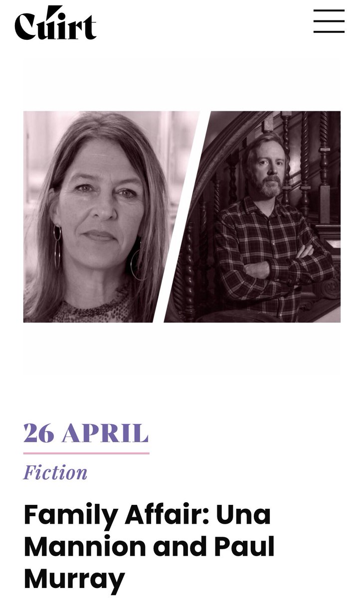 My first Irish event for Hagstone is at the excellent @CuirtFestival on Saturday April 27th. I’ll also be talking to @mrkocnnll and @SusannahDickey on the same day, and to @una_m_mannion and Paul Murray on Friday April 26th. cuirt.ie/whats-on/sinea…