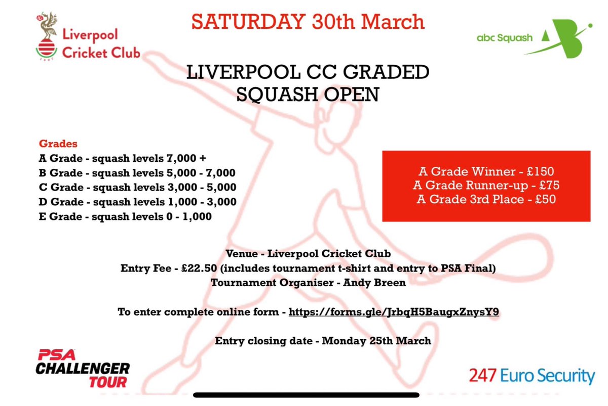 Liverpool Cricket Club Open 2024

3 weeks till our <a href="/PSAChallenger/">PSA Challenger Tour</a> event <a href="/Liverpool_CC/">Liverpool Cricket Club</a> 

Entries still open for our graded event on Saturday 30th March before the PSA Final 

Enter online - forms.gle/eEHvofpCaTAzJ8…