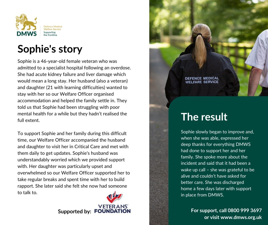 Today, we would like to share Sophie’s story. DMWS are proud to have supported Sophie and her family during a difficult time. We would like to thank the @VeteransFdn as their funding allows us to continue our fantastic work. #supportingthefrontline