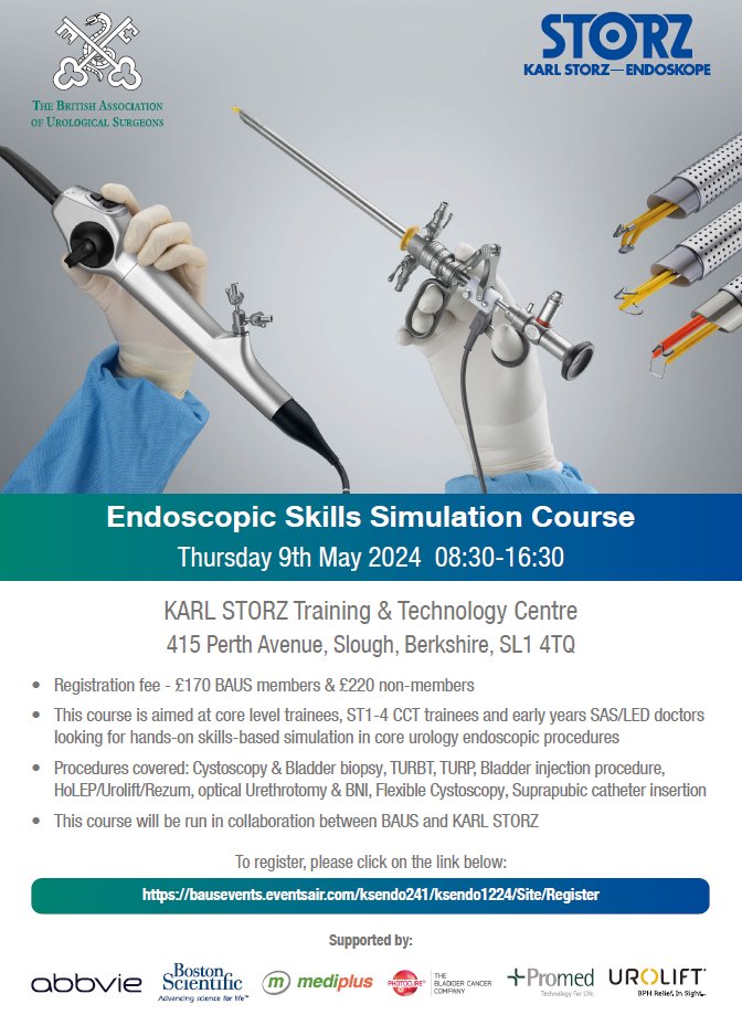 BAUS &amp; KARL STORZ Endoscopic Skills Course

📅09 May 2024

📍KARL STORZ Training and Technology Centre

✍️Registration is open for BAUS Members, and registration for Non-Members opens 20/03/24

⏳A limited number of spaces are available

👉Register here: ow.ly/Lm2f50QLnNc
