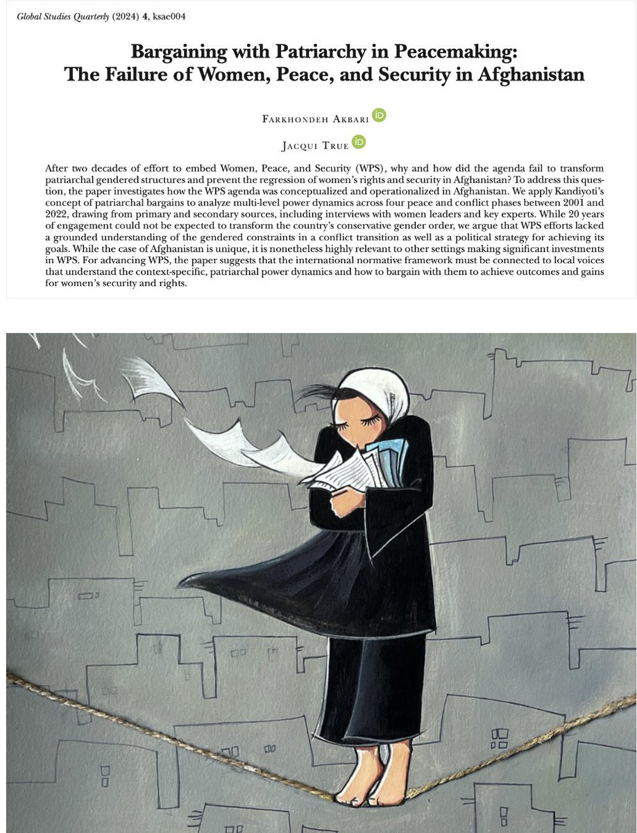 📣New Paper alert 📣 @FarkhondaAkbar & I examine the failure to achieve #womenpeacesecurity in 🇦🇫. Using @Kandiyoti’s concept, we analyze distinct *patriarchal bargains* among local & international actors through 4 phases of intervention #openaccess lnkd.in/gMqRBBPz