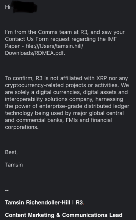 sentosumosaba's tweet photo. Quality researchers are very careful in sharing important details about this space. A few months ago, I read a "trusted post" (based on first-hand conversation btw), that R3 was not using #XRP. To double-check nothing had changed, another person checked with R3 today. 

👉The answer is still the same. NO

I can confirm, I've seen the real email. 
Unfortunately, we have people who spread unchecked, unverified information, name-calling those who are actually in the know as bad actors, and creating a narrative that ultimately hurts investors. 

You can't trust any outside writer to fully understand this space. 

Apologies are indeed in order.