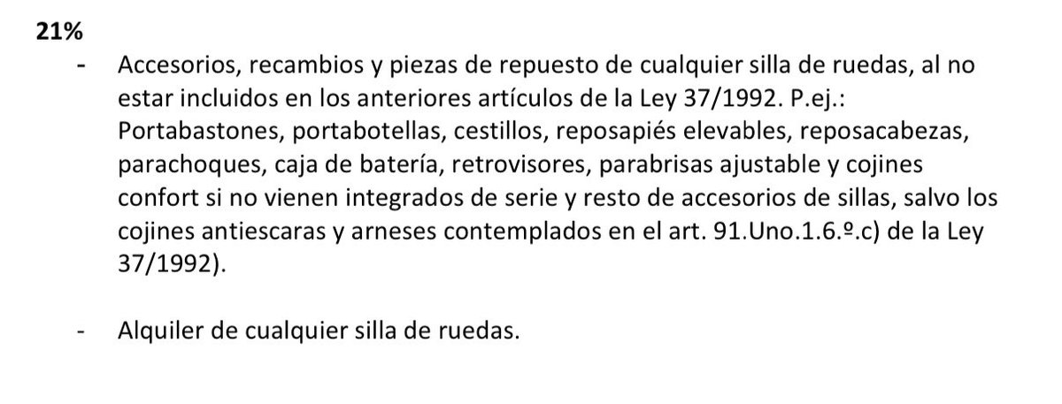 ¿IVA reducido para arte contemporáneo? Pues claro, es d 1a necesidad…
No como los accesorios no incorporados d serie en las sillas d ruedas (reposapiés elevables, reposacabezas…).
Éstos al 21%.
Como tiene q ser. No se puede permitir q vayamos por ahí tuneando nuestras sillas…