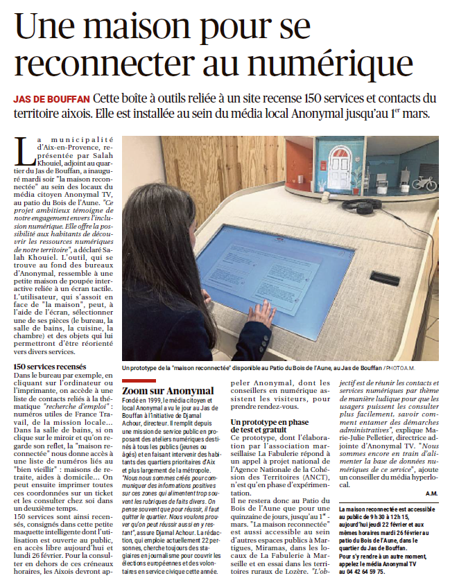 👉[#ONENPARLEDANSLAPRESSE] Retour sur l'inauguration de la #MaisonReconnectée, outil de #médiationnumérique, accueillie par #Anonymal du 19 février au 1er mars en partenariat avec <a href="/aixmaville/">Aix-en-Provence</a>