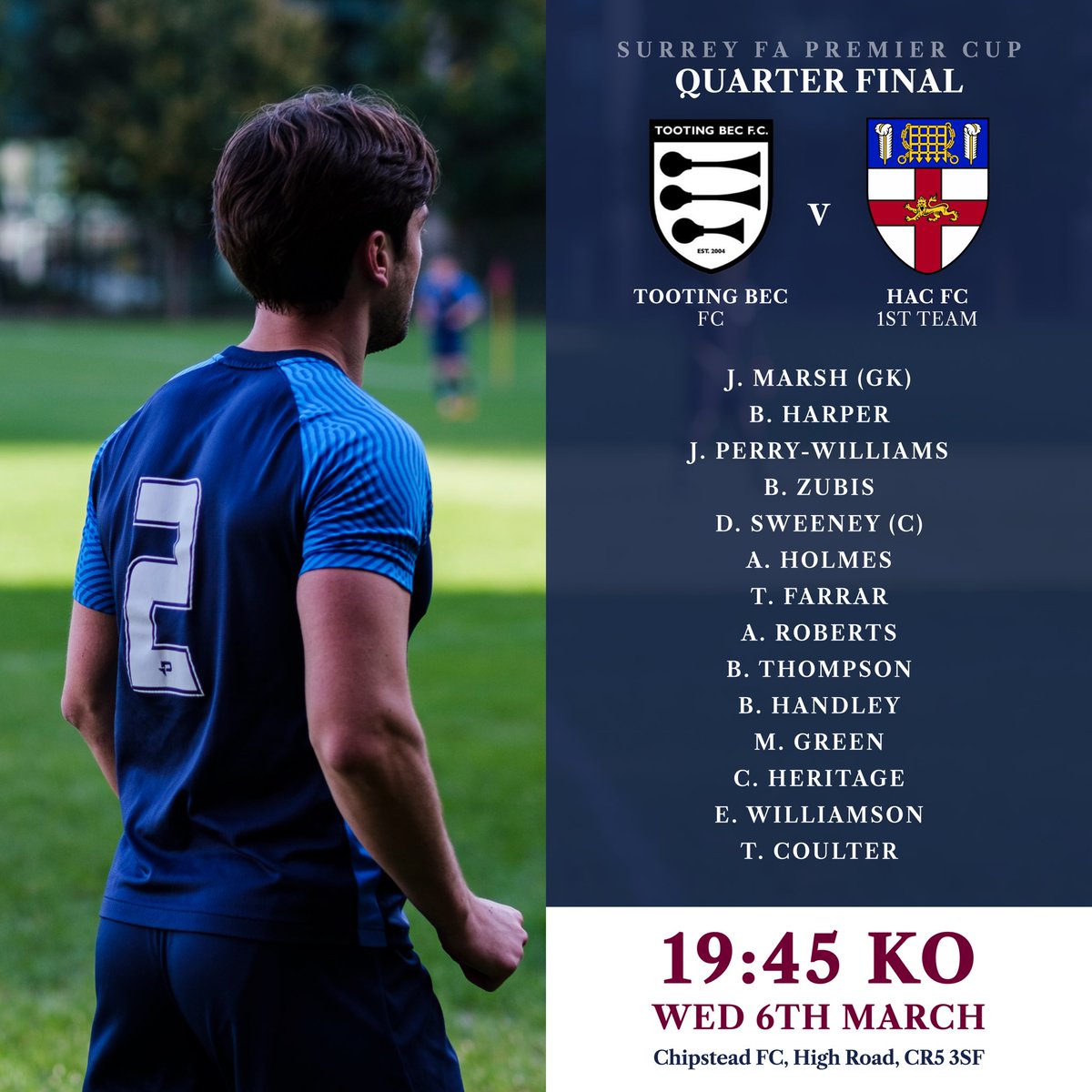 Our squad and match details for tonight’s games against <a href="/TootingBecFC/">Tooting Bec FC</a>👇🏼

📍Chipstead FC, High Road, CR5 3SF
⏰ 19:45 KO
🎟️ £6 Adults, £3 Concessions (U16/60+/Students) &amp; U16’s Free

#UTHAC🔵🟣