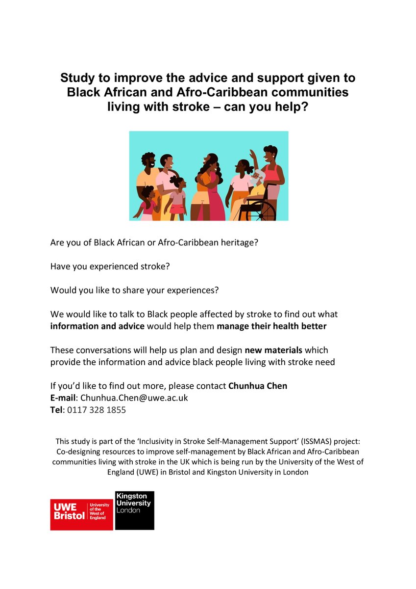 Get involved in research in Inclusivity in Stroke Self-Management Support (ISSMAS) by Co-designing resources to improve self-management by black African and Afro-Caribbean communities living with stroke.