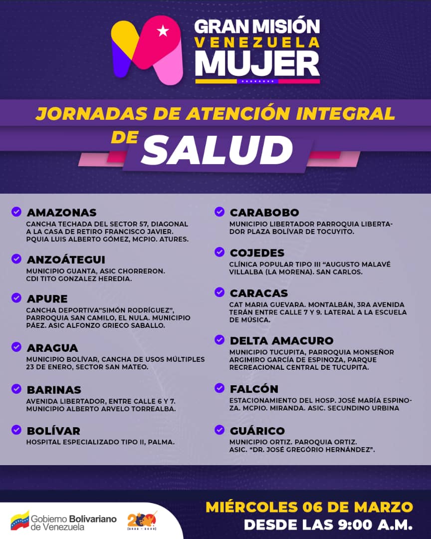 📢 Hoy Gran Misión Venezuela Mujer 🚺 en todo el país. Vamos juntas a cuidar nuestra salud, en el vértice 1 cada etapa de la vida de nuestras mujeres es importante y fundamental para los hábitos saludables, nutrición, actividad fisica, inmunización, medicina general, ginecología…