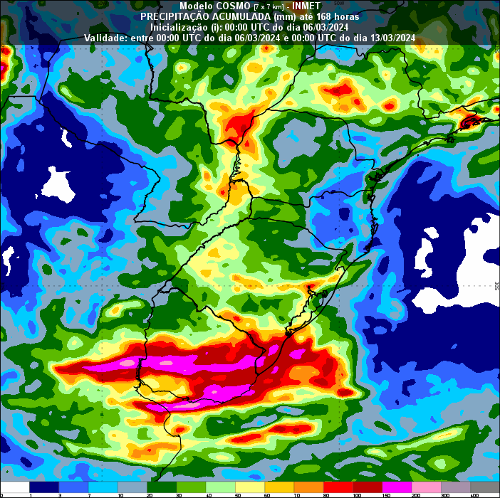 #lluvia de MIE06 a MAR12 mar según  COSMO7, estima 80-150 mm sobre Sur #EntreRios y Norte #PBSAS en #Argentina, centro y sur de #Uruguay y extremo S de #Brasil. Dos eventos de precipitaciones:  VIE08 a SAB09 y LUN11 a MAR12 marzo. #Montevideo acumulado de 120 mm para LUN11 !!