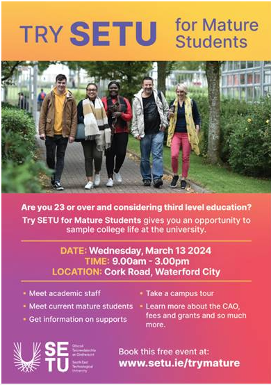 Are you considering a return to education? Come to our Try SETU South East Technological University. If you know anyone that may be interested in attending this day, places can be booked through the following link setu.ie/events/try-set…