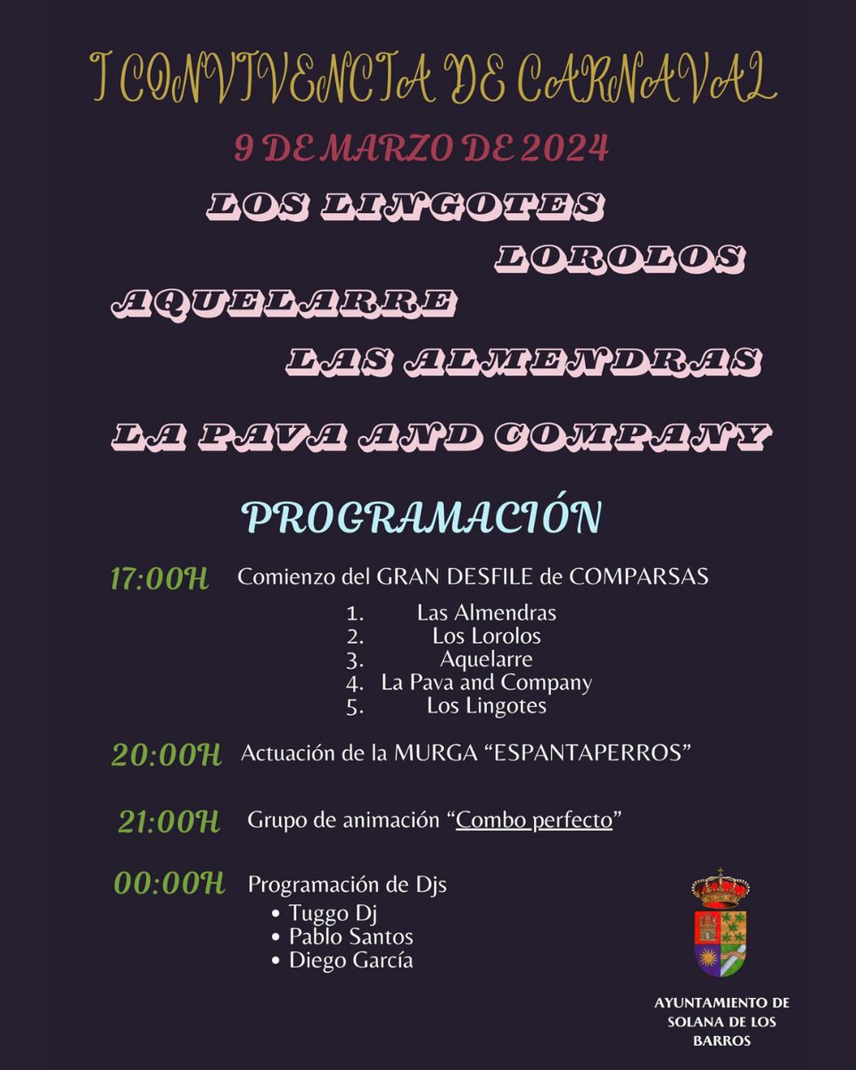 🐍🐍 El próximo sábado 9 de marzo estaremos en la I convivencia carnavalera de Solana de los Barros.

⏰⏰ A las 20:00 tendrá lugar nuestra actuación.