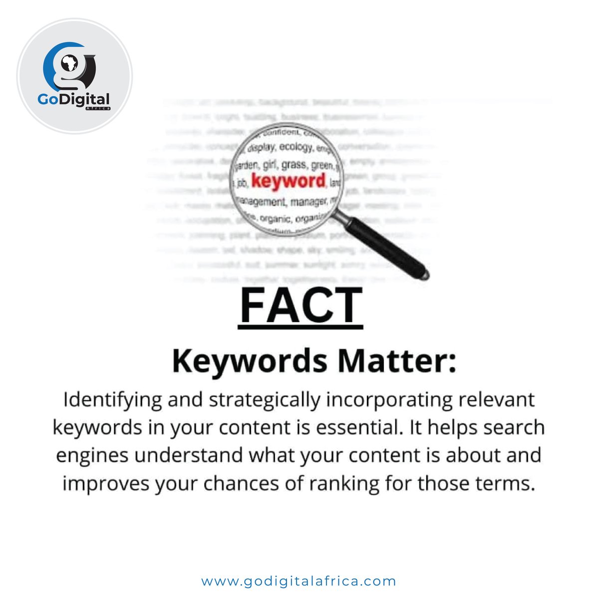 Digital Marketing Insight Wednesday:
Want to supercharge your online content? It all starts with keywords. Explore why they're the secret sauce to success in the digital realm. 🚀🔑 
 #godigitalafrica #digitalstrategy #keywordmagic #contentmarketing #seo #keywordmatters  #Meta