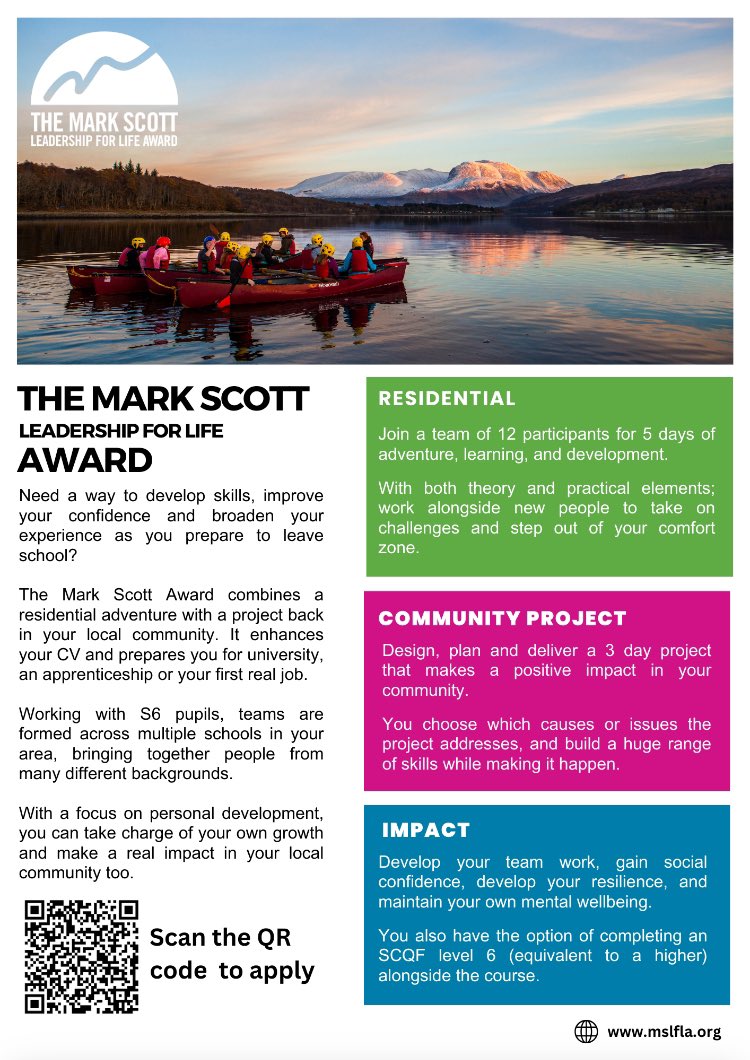 Fab to see so many applications coming in for the @MSLFLAward already. Current S5s at participating schools can apply now to take part in S6. With both adventure challenges and social action, you can build your skills and make a difference. Get your applications in now!