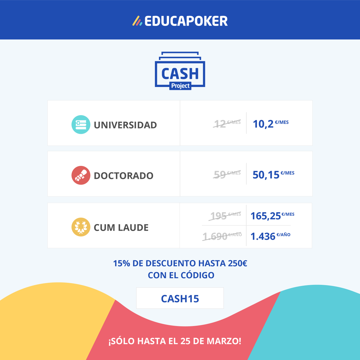 ¡Activamos el método de SUSCRIPCIÓN del Cash Project!

🗓️Suscripción mensual o anual
🎓3 Rangos disponibles
🤑15% DESCUENTO CON "CASH15"

😉¿La quieres gratis? ¡Sorteamos 3 suscripciones Doctorado entre los LIKES!

AQUÍ➡️educapoker.com/noticias/activ…