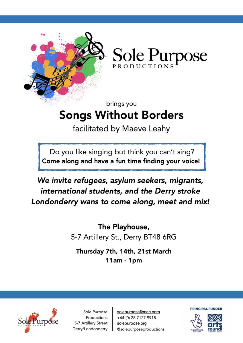 أغاني بلا حدود تعال وغني مع أشخاص آخرين ، حتى لو كنت تعتقد أنك لا تستطيع الغناء. شارك أغنية من بلدك. التعرف على أشخاص جدد. ندعو جميع القادمين الجدد إلى المدينة. الخميس 7 مارس في المسرح BT48 6RG.
نراكم هناك!