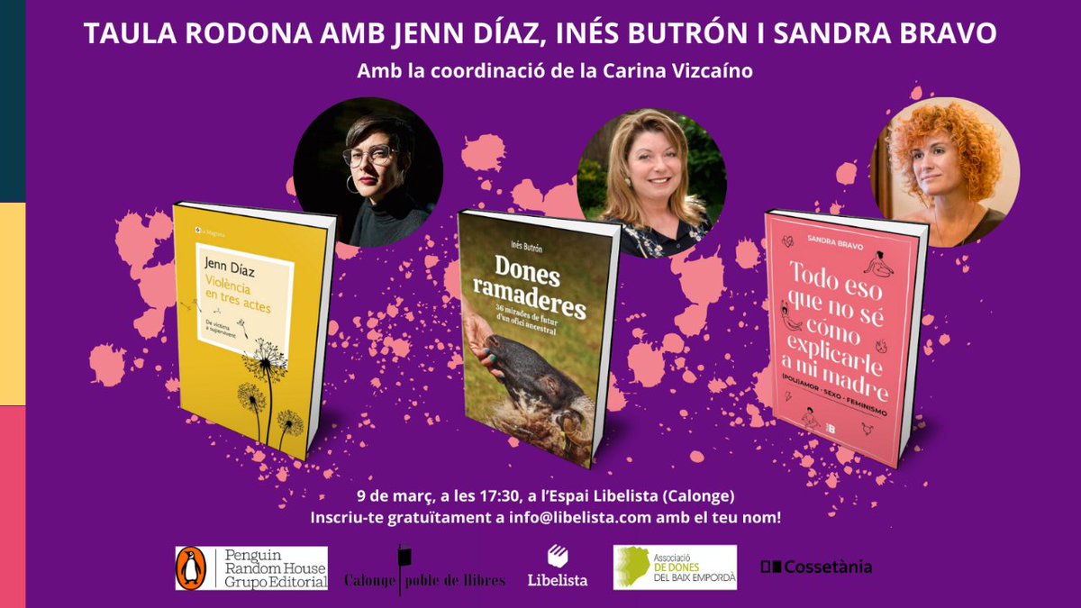 Ens plau informar-vos que, el pròxim dissabte 9 de març, a les 17:30, a l'Espai Libelista Calonge, organitzarem una taula rodona amb Sandra Bravo, Jenn Diaz i Ines Butron. Per inscriure's a l'activitat, s'ha d'enviar nom i cognom a llibreries@libelista.com. Us hi esperem!