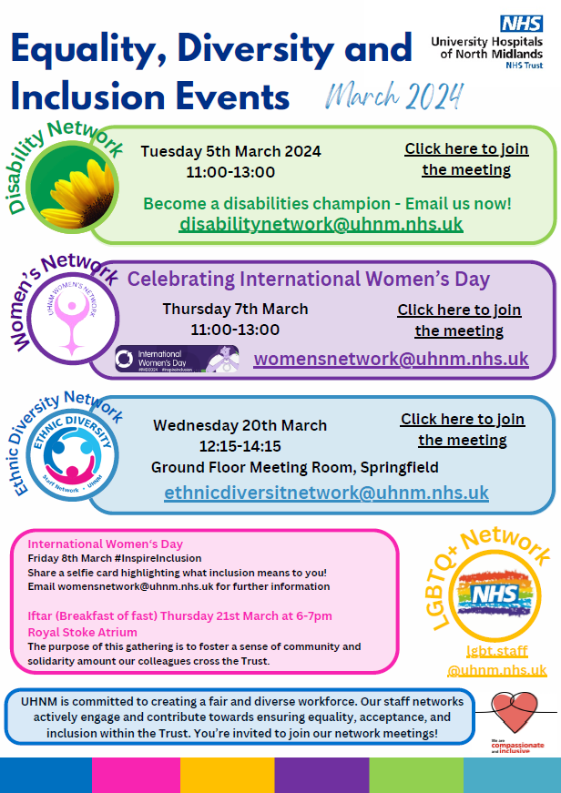 We have some excellent diversity and inclusion activities coming up during March @UHNM_NHS. Please promote and share - UHNM colleagues can email our networks for further details of the events. @sadafxbutt @DqaJoseph @lily_o_lily