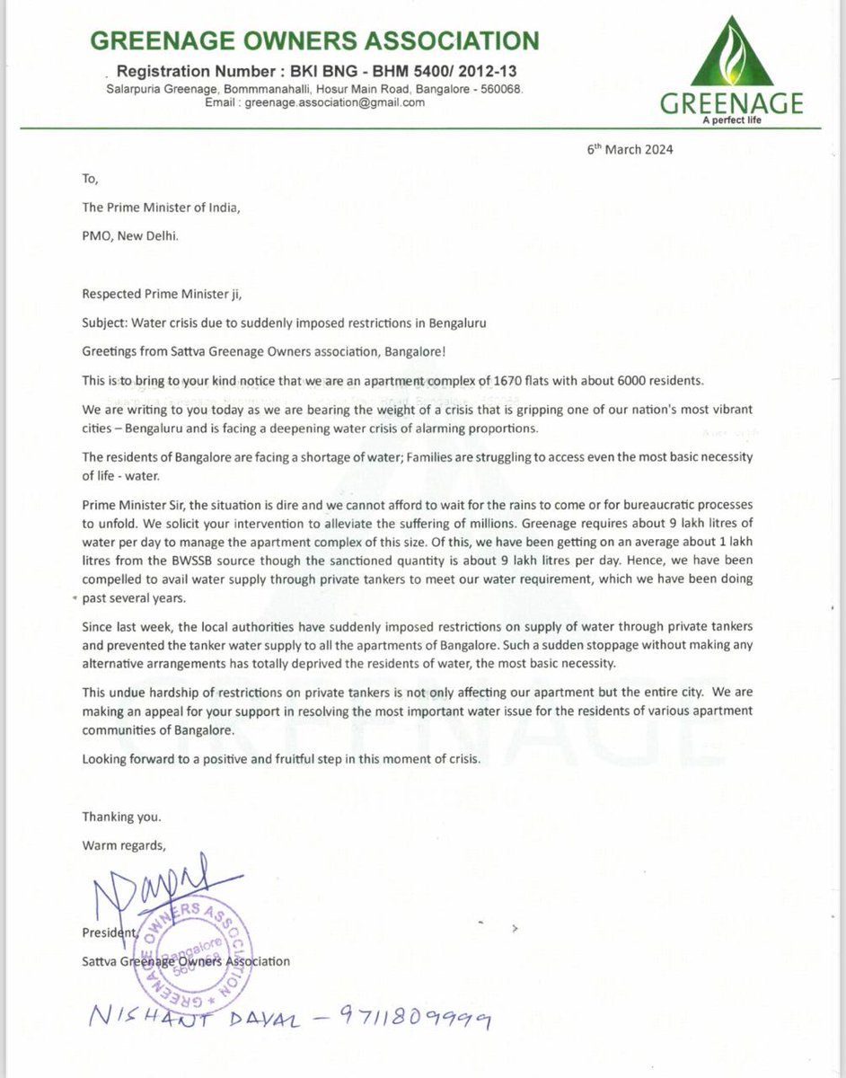 Adarniya Pradhan Mantri ji @narendramodi , Please help us in the water crisis in @bangalore. A request letter is attached. Need your Intervention @PMOIndia @MoHUA_India @JalShakti @AmitShah @Tejasvi_Surya Obligatory - GREENAGE OWNER ASSOCIATION