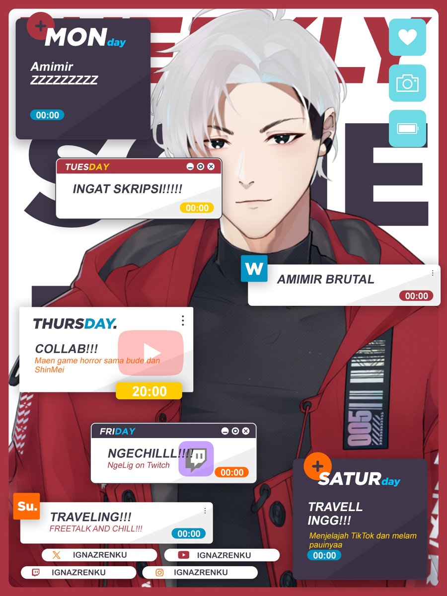 【WEEKLY SCHEDULE】
Hello guys, weekly skejul here. Telat dikit ga ngaruh yang penting ada skejul yakanya daripada gaada di marahin mulu tch hehe. See you in my ZONE!🔥🔥🔥

× General : #rendunk
× Live tag : #renstarto
× Art tag : #ignart
× Meme : #igyattt
× Fan Name : #nazayang