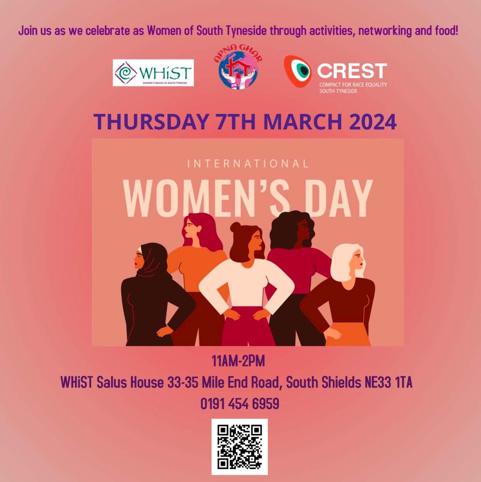 Join Women's Health in South Tyneside and Apna Ghar Women's Centre, on Thursday 7th March from 11am - 2pm in a special celebration for International Women's Day. It features great food, networking and lots of activities. See you there!