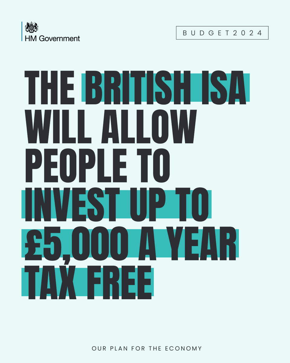 Investing in great UK businesses helps to boost our economy.

That’s why we’re announcing the British ISA – allowing people to invest up to £5,000 more, tax free a year in UK assets. 
 
Growing our economy, rewarding investors &amp; supporting British business.
