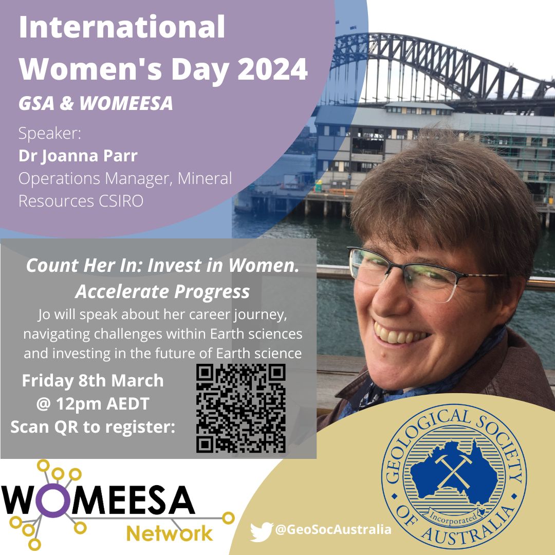 Don't forget to register for our IWD event! Co-hosting with @GeoSocAustralia we are excited to have Dr. Joanna Parr. Jo will talk about her professional journey, overcoming obstacles, and investing in the future of Geoscience. To register, simply scan the QR code #IWD2024