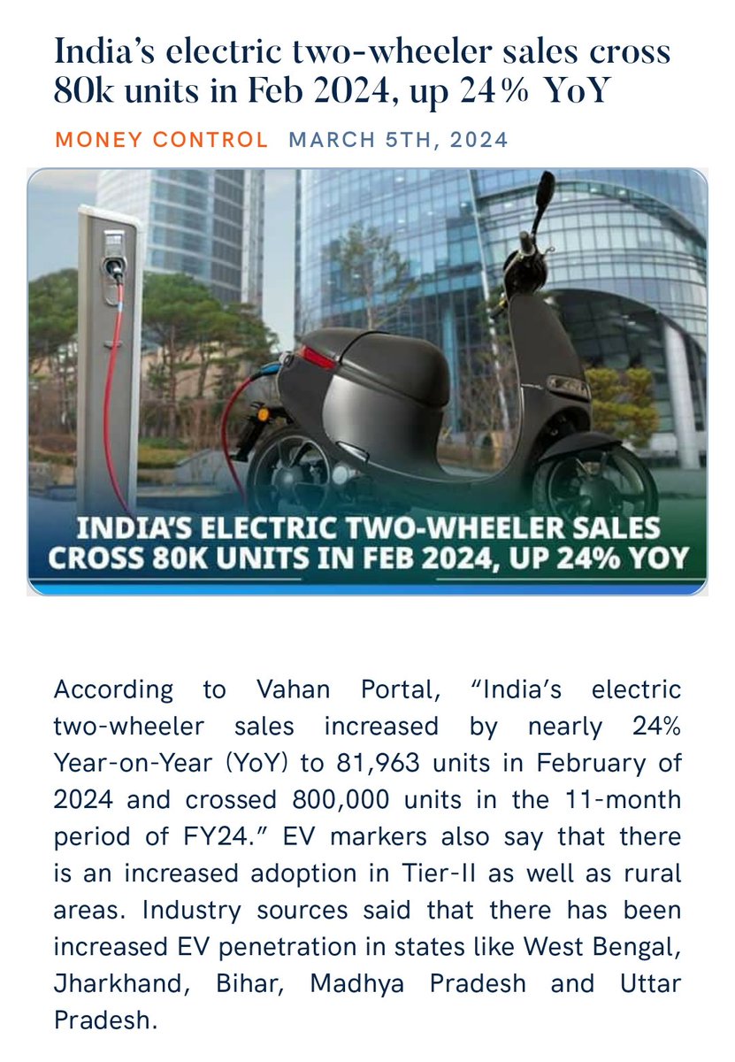 India’s electric two-wheeler sales cross 80k units in Feb 2024, up 24% YoY moneycontrol.com/news/business/… via NaMo App