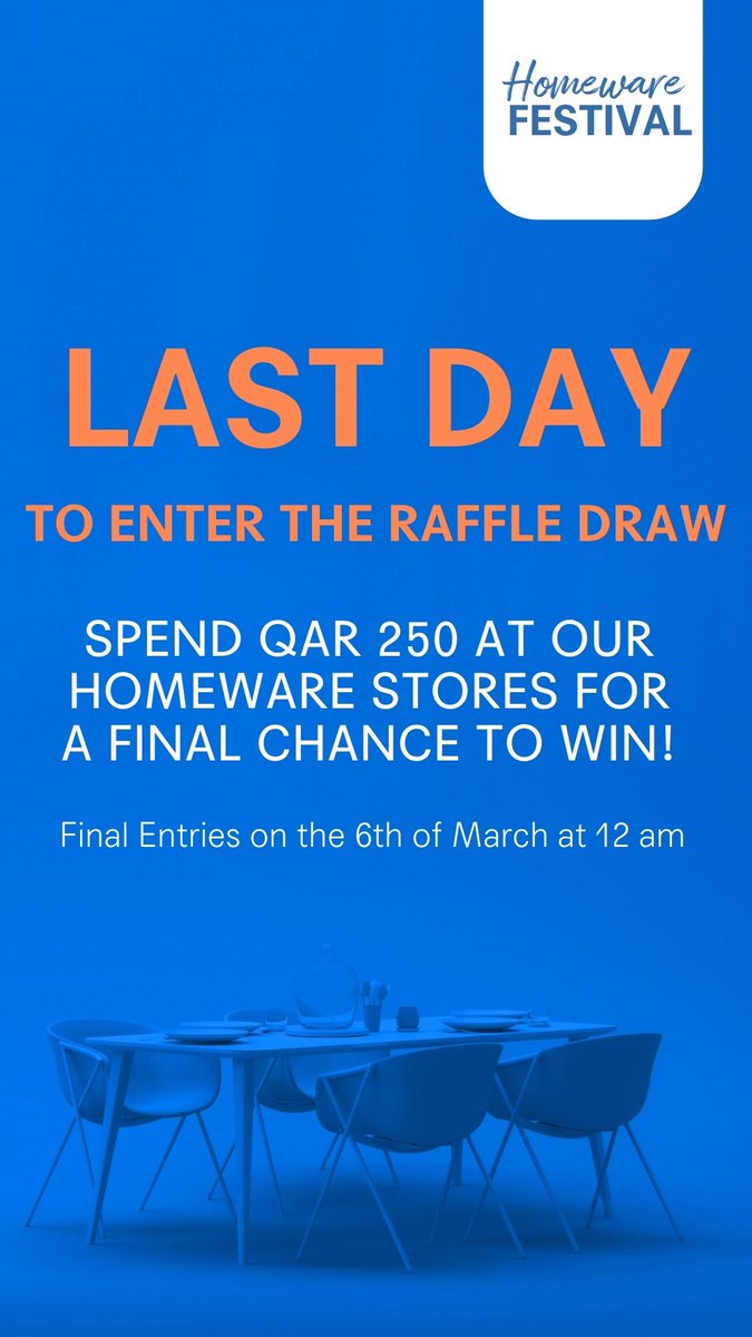 Hurry! Today is the last chance to enter the raffle draw for DHFC's Homeware Festival! Don't miss out on the opportunity to win amazing prizes. 🏃‍♂️

#DohaFestivalCity #HomewareFestival

🔗Enter now: bit.ly/dohahf