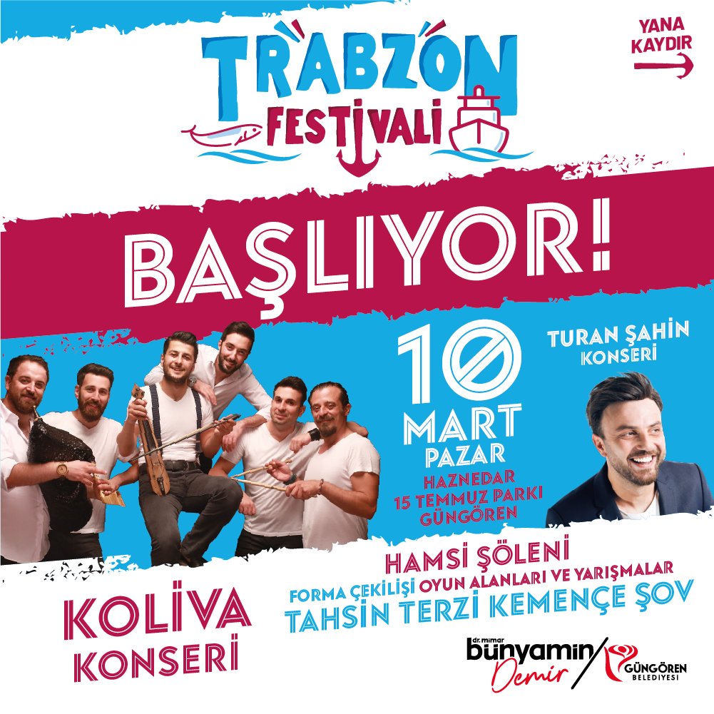 TRABZON FESTİVALİ

10 MART
GÜNGÖREN İSTANBUL

Trabzon Festivali Başlıyor 🎶

10 Mart Pazar günü tüm gün sürecek Festivalimiz için sizleri Haznedar 15 Temmuz Parkına bekliyoruz.

#trabzon #trabzonspor #güngören #güngörenbelediyesi

@Gungorenbld