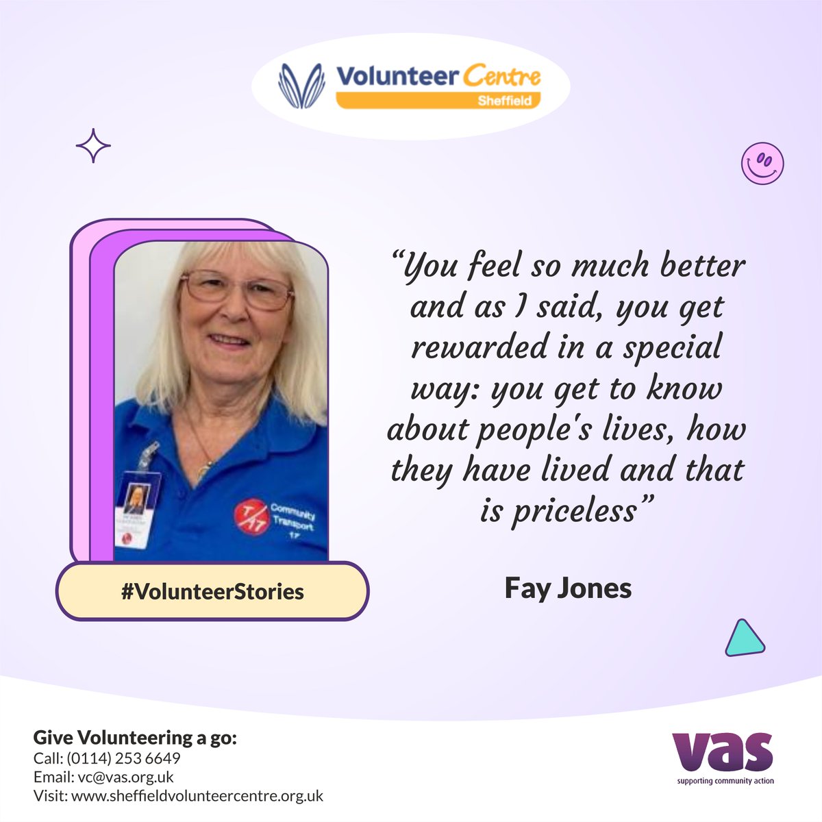 Fay volunteers with @transport17ltd - she shares her inspiring story here: bit.ly/49DHYLx Want to give volunteering a go? Check out 200+ opportunities in #Sheffield: sheffieldvolunteercentre.org.uk or call us on (0114) 253 6649 (Mon-Weds) 🙂
