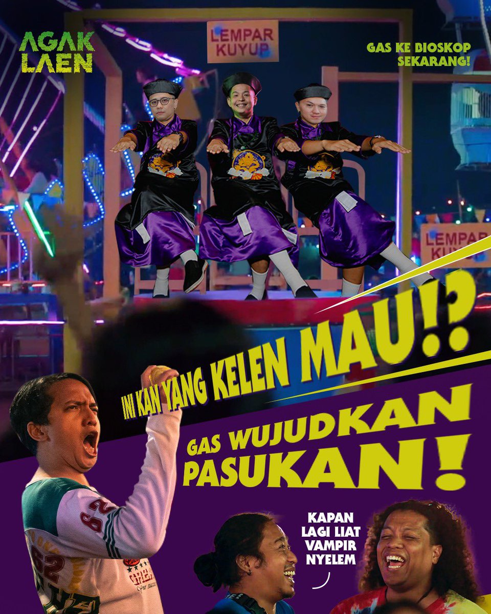 MuhadklyAcho's tweet image. 10 juta penonton, pasar malam rawa senggol dibangun, kuartet AGAK LAEN beneran jaga rumah hantu, dan kami bertiga jadi vampir kuyup. Kuy! Aman lah, masih jauh kok 10 juta itu 🤣