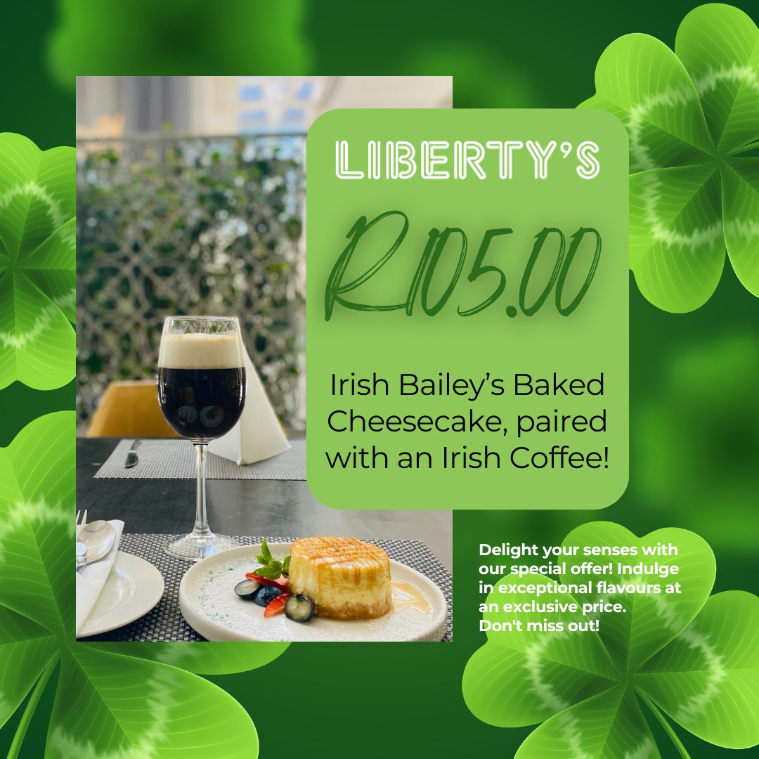 🍀Keep calm and leprechaun🍀

Come and join us this month of March for our delicious Irish Bailey's Baked Cheesecake & Irish Coffee special! 

#stpatricks #irish #irishspecial #irishcoffee #cheesecake #restaurant #libertysrestaurant #woodstock #capetown #instaeat #foodie