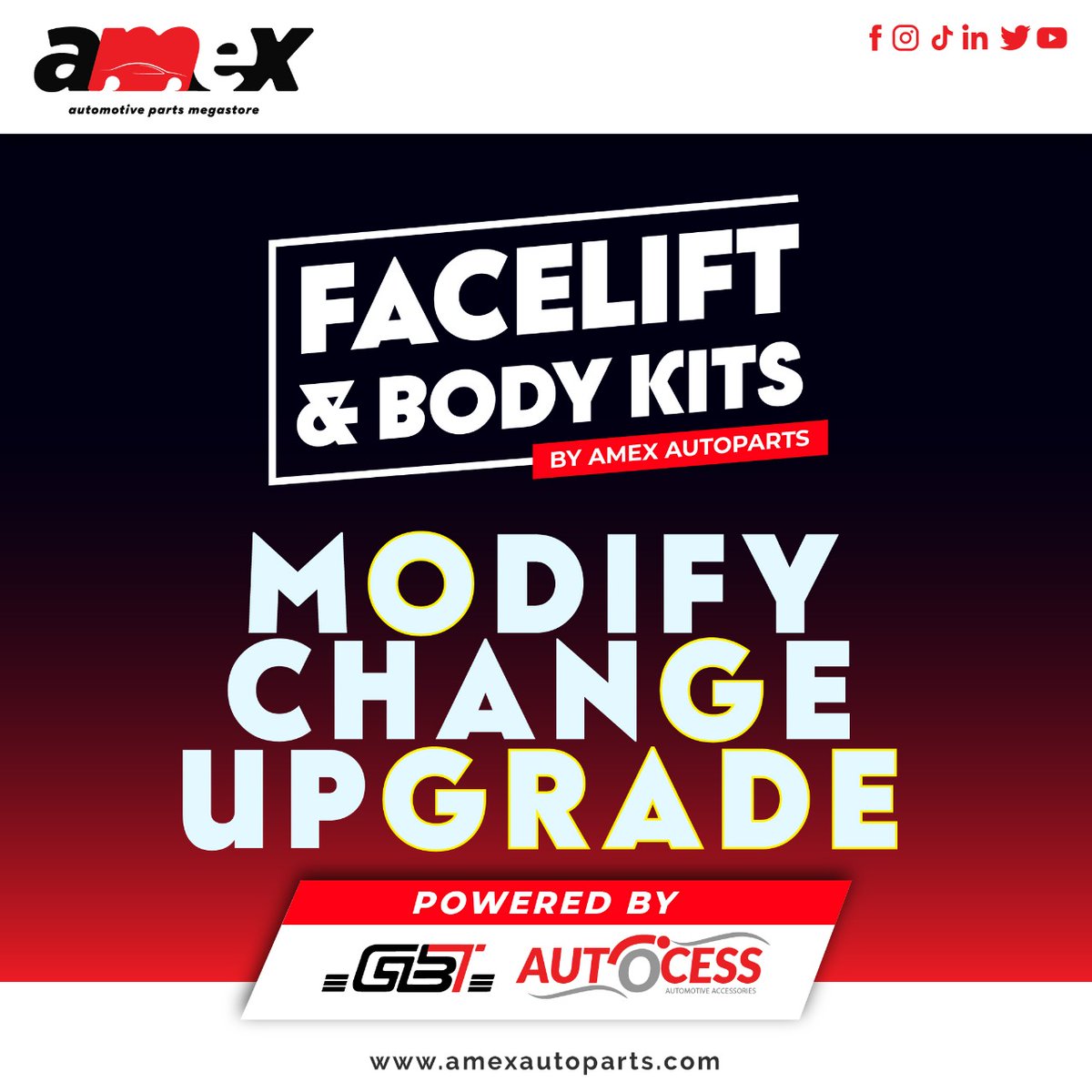 Explore our newly arrived auto parts and facelift collection, and get ready to modify your driving experience the way you want!

#amexautoparts#automotiveparts #vehicle #automotivemegastore #Availableinstock #faceliftkits #bodypart #Lexus
