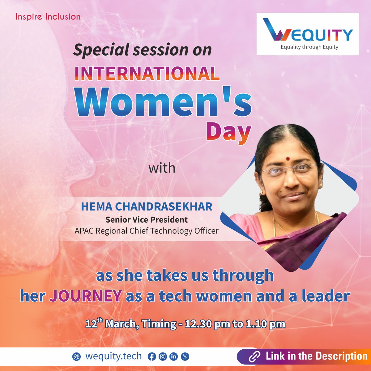 Do not miss our International Women's Day Special! 

Session featuring Hema Chandrasekhar, Senior Vice President and APAC Regional Chief Technology Officer at Northern Trust.

#wequity #internationalwomensday  #iwd2024 #womenintech #techleadership #inspiringjourney #techleader