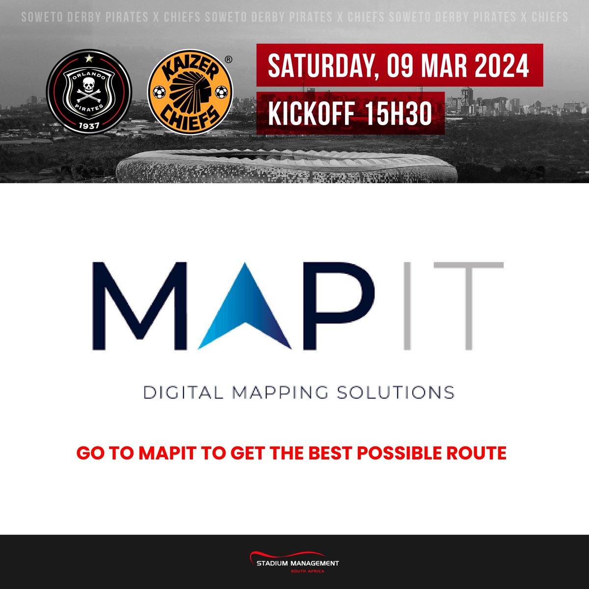 Use our new navigation software to direct you through road closures & ticket check points to your ticketed or free parking area! Access it through the link: fnbs.routing.geoint.africa. Use it at Saturday’s Derby. Gates open 11:30. #smsa #fnbstadium #sowetoderby #dstvpremiership