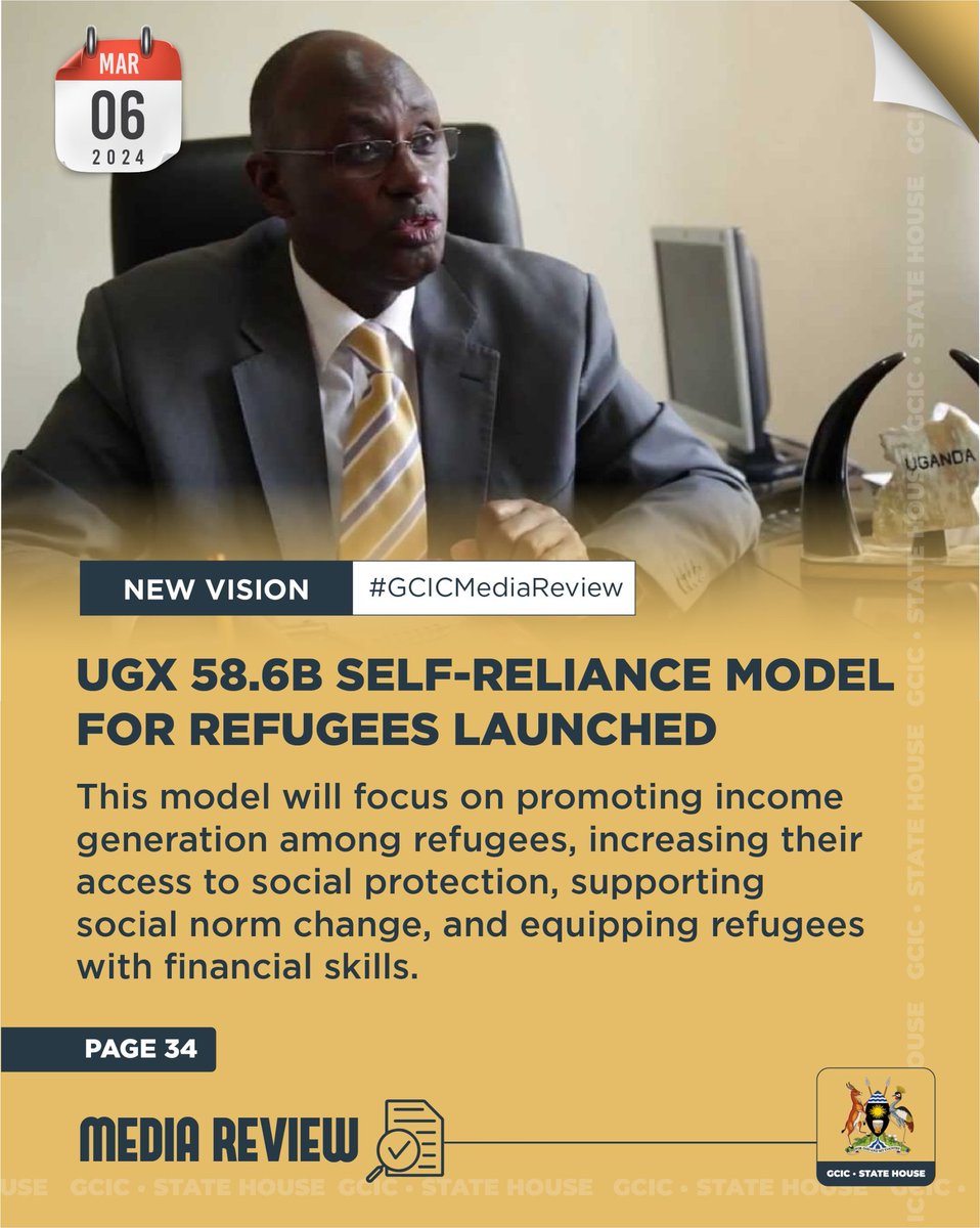 Featuring in the newspapers today 📰🔽.
✔️ President Museveni receives credentials from new envoys.
✔️ Gov't seeks to increase power connections to 4.5m.
✔️ Ugx 58.6b self-reliance model for refugees launched.
#GCICMediaReview
#OpenGovtUg