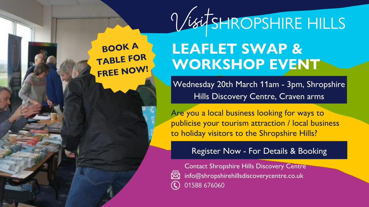 Visit Shropshire Hills is running a leaflet swap shop & workshop event with us on Wed 20th March for tourism businesses & holiday accommodation providers. Display your leaflets, network with local tourism businesses and talk about their services - all entirely FREE. 01588 676060