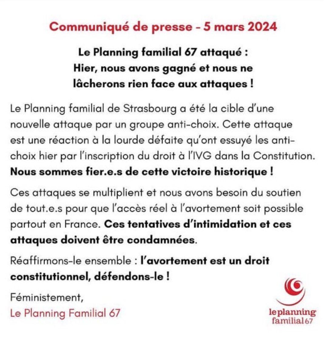 🔴 Le Planning familial 67 a été attaqué une nouvelle fois par un groupe anti-choix. 

C’est une attaque qui s’ajoute à un continuum d’attaques contre les associations départementales du Planning familial. 

L’avortement est un droit constitutionnel, défendons-le !✊🏼