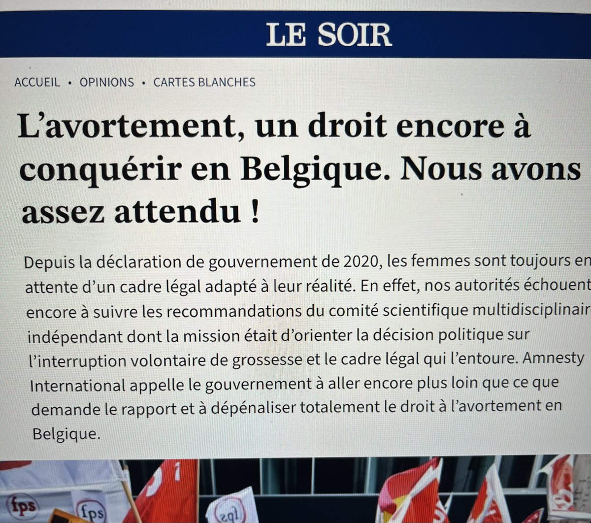 Breaking !!! Ce matin, notre carte blanche sort dans le journal @lesoirbe !! Comme @amnestybefr , deux jours après que la France ait constitutionnalisé l'#avortement et devienne le premier pays à offrir un tel rempart, il était temps de rappeler que notre pays procrastine.