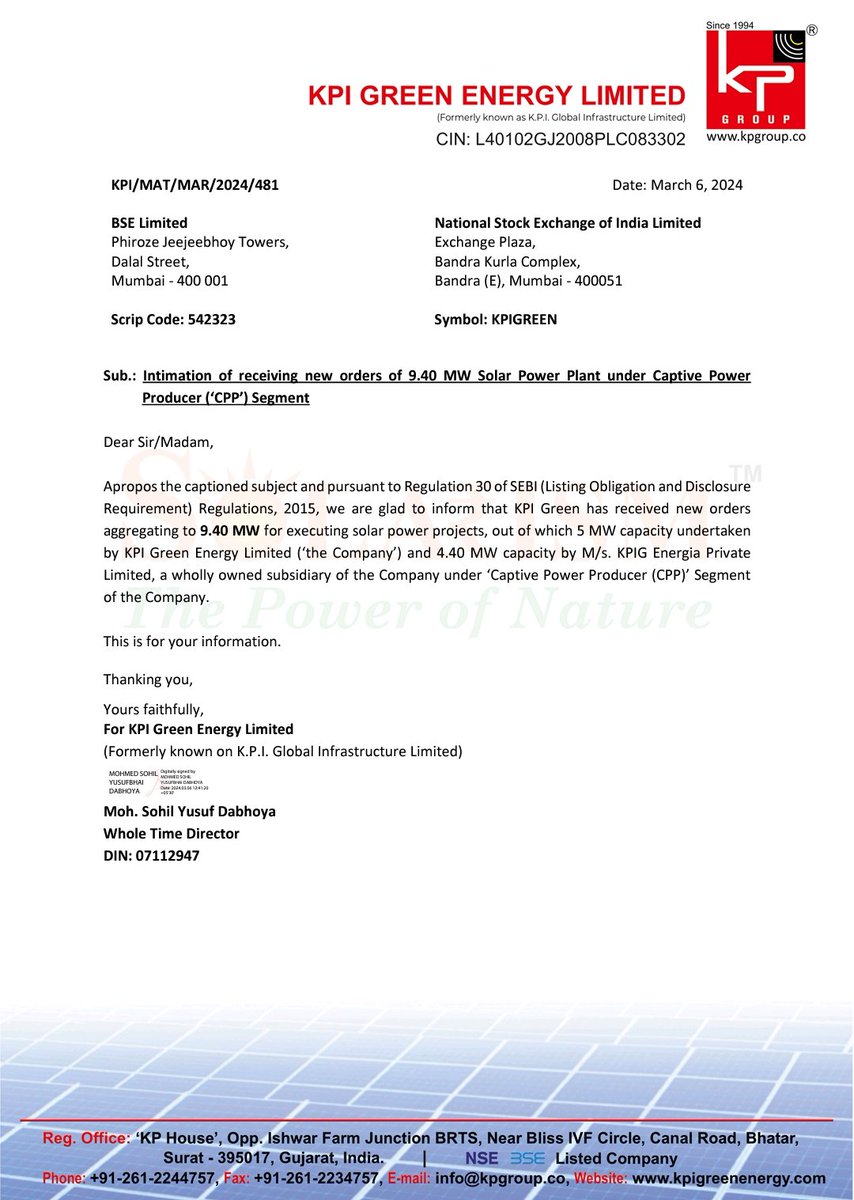 AnIncomeInvestr's tweet photo. 9.4MW order win for kpi green
Congratulations @FarukPatel3
@kpgroupgujarat

#kpigreen 
#kpgroup
#investing
#StockMarket

https://t.co/2AXVurAPic https://t.co/vw0qWtEgX1