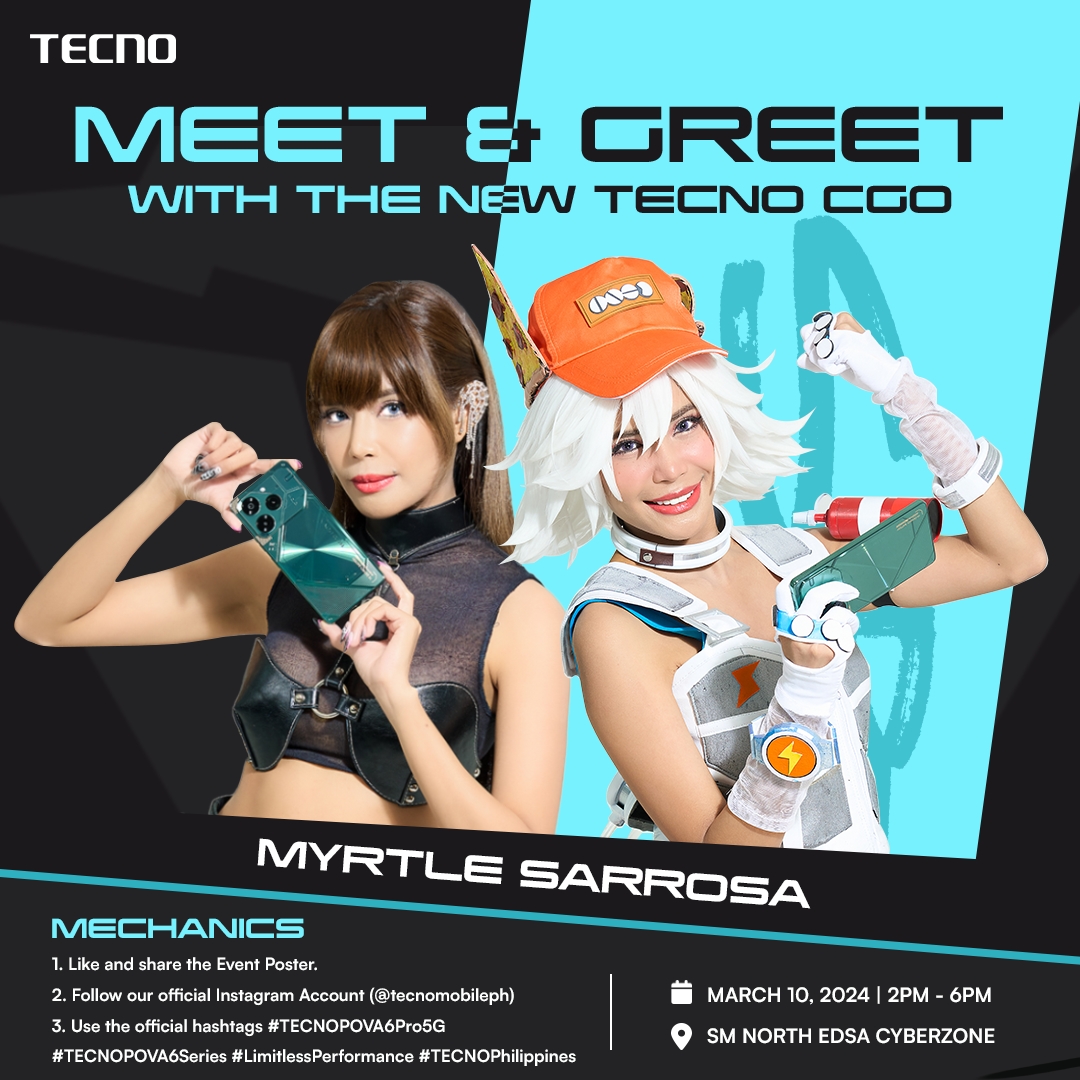 It's official! Join us in welcoming Myrtle Sarrosa as the new TECNO CGO for #POVA6Pro5G! Don't miss the chance to meet her at SM North Edsa on March 10 from 2pm – 6pm. 

#TECNOPOVA6Pro5G #TECNOPOVA6Series #LimitlessPerformance #TECNOPhilippines